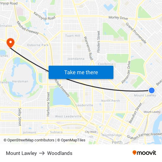Mount Lawley to Woodlands map