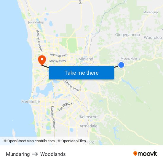 Mundaring to Woodlands map