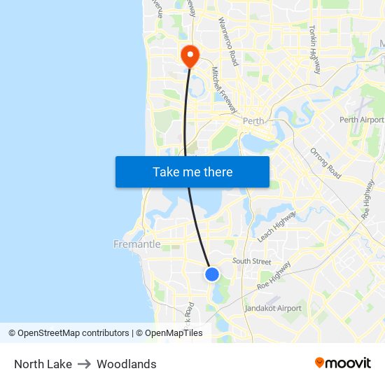 North Lake to Woodlands map