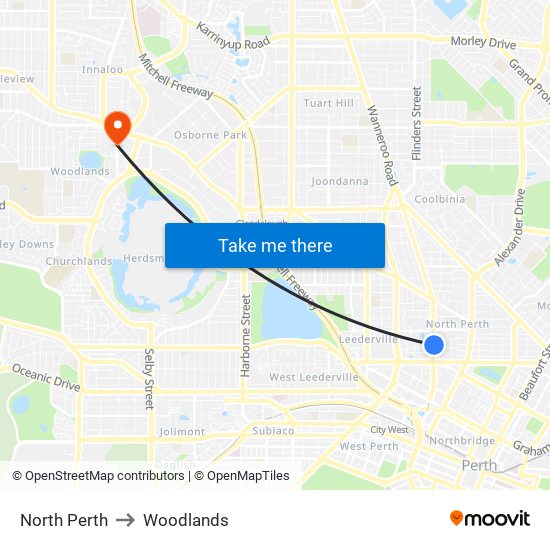 North Perth to Woodlands map