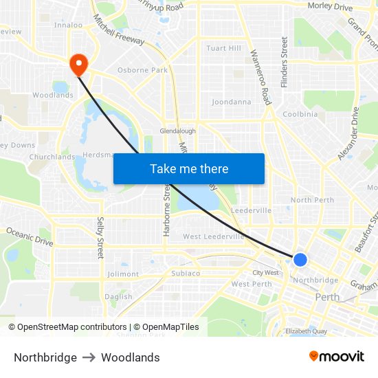 Northbridge to Woodlands map