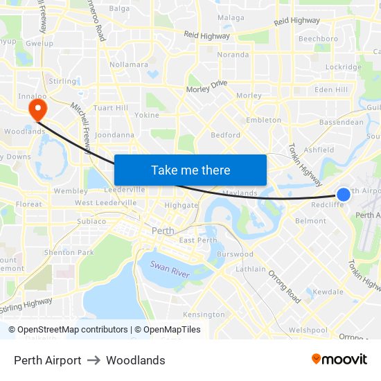 Perth Airport to Woodlands map