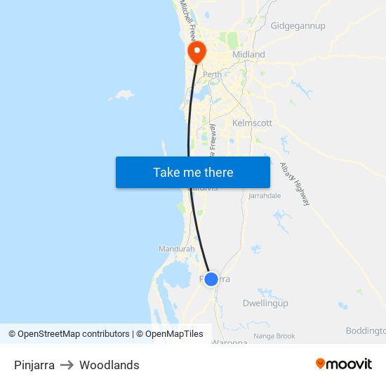 Pinjarra to Woodlands map