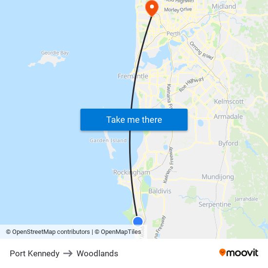 Port Kennedy to Woodlands map