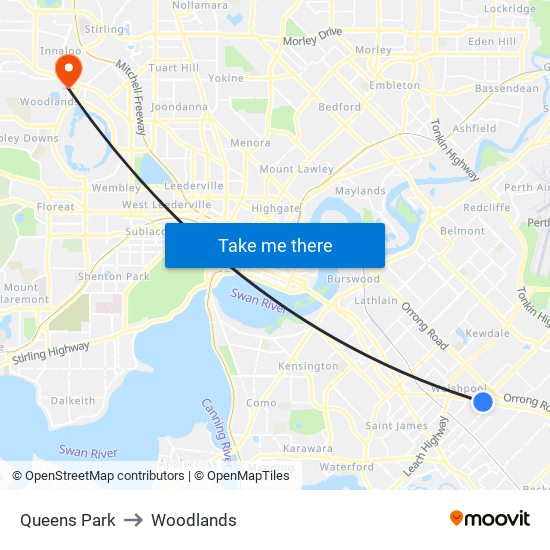 Queens Park to Woodlands map