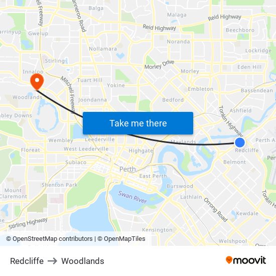 Redcliffe to Woodlands map