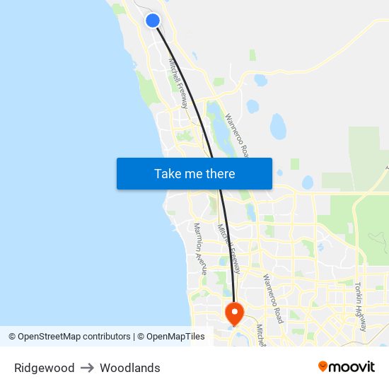 Ridgewood to Woodlands map