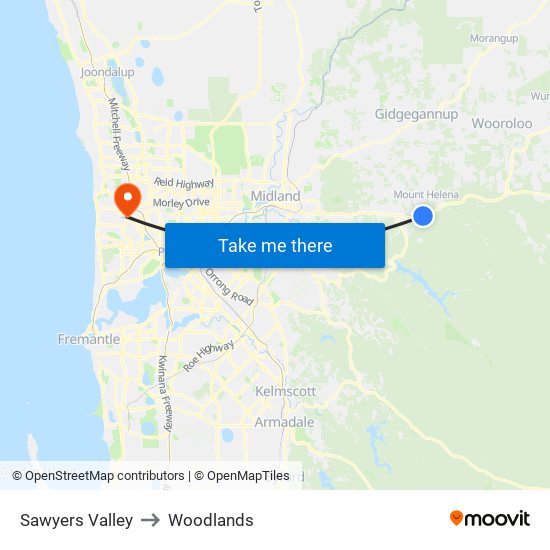 Sawyers Valley to Woodlands map