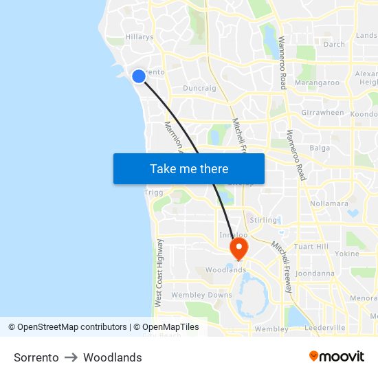 Sorrento to Woodlands map