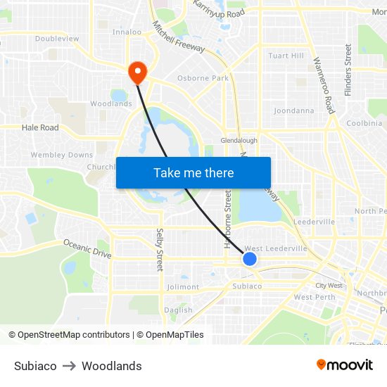 Subiaco to Woodlands map