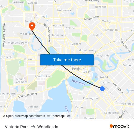 Victoria Park to Woodlands map