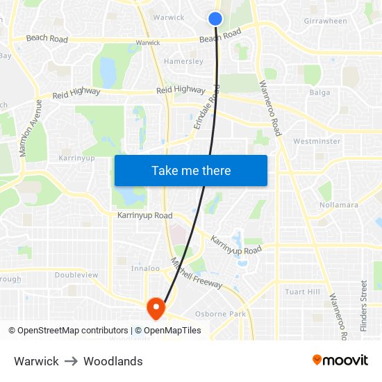 Warwick to Woodlands map