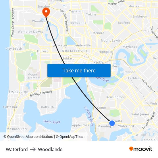 Waterford to Woodlands map