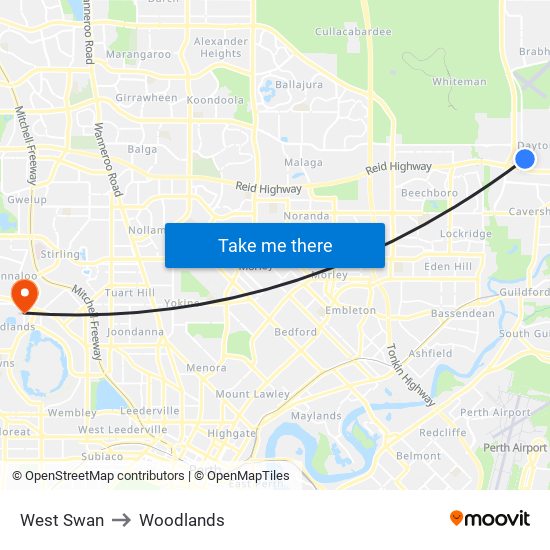 West Swan to Woodlands map