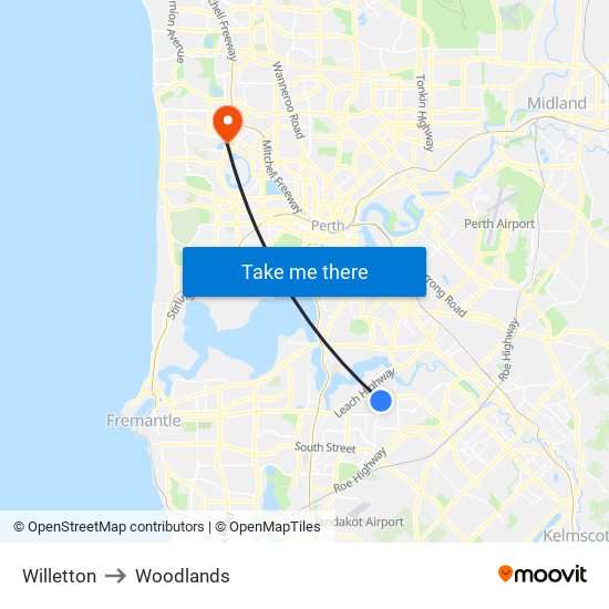 Willetton to Woodlands map