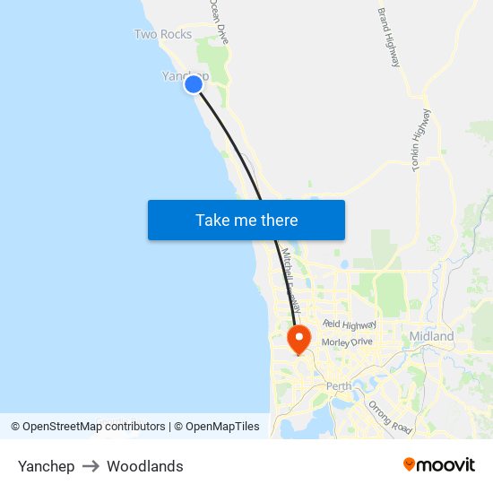 Yanchep to Woodlands map