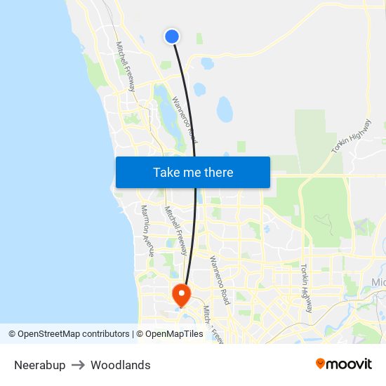 Neerabup to Woodlands map