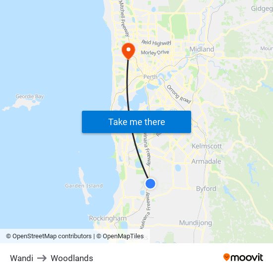 Wandi to Woodlands map