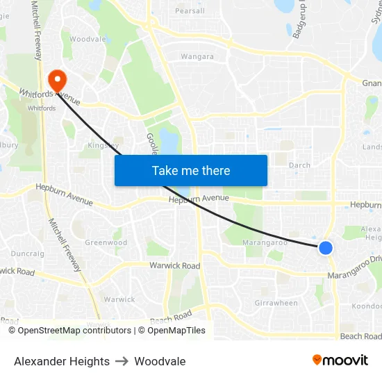 Alexander Heights to Woodvale map