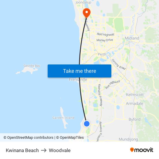 Kwinana Beach to Woodvale map