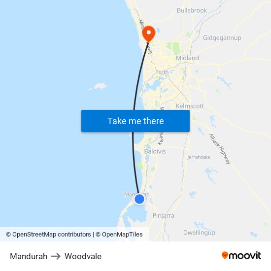 Mandurah to Woodvale map