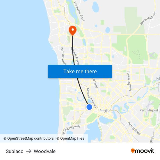 Subiaco to Woodvale map