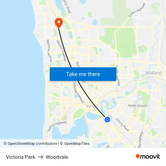 Victoria Park to Woodvale map