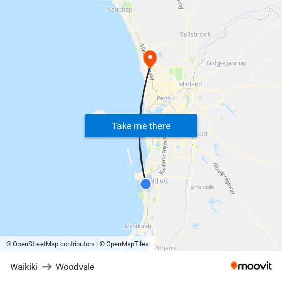 Waikiki to Woodvale map