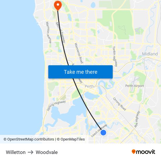 Willetton to Woodvale map