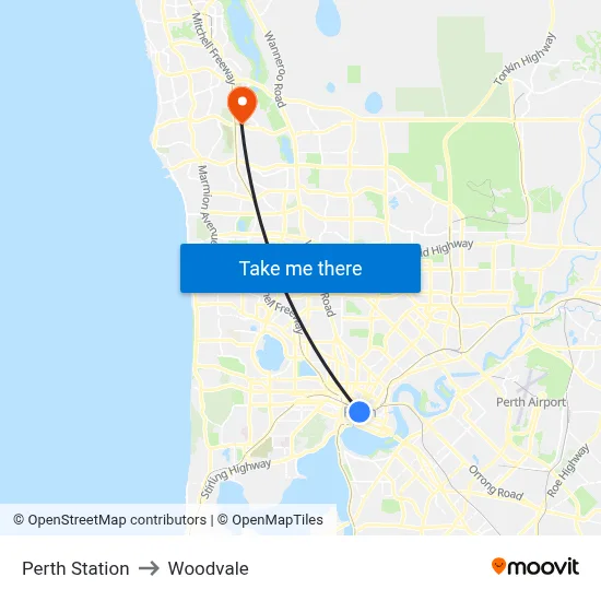 Perth Station to Woodvale map