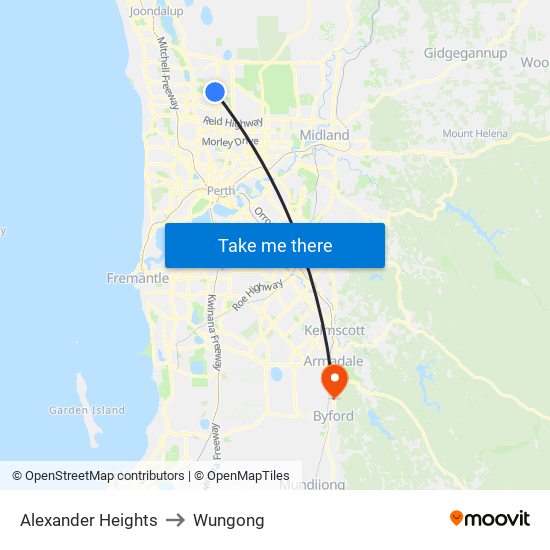 Alexander Heights to Wungong map