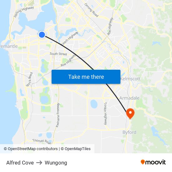 Alfred Cove to Wungong map