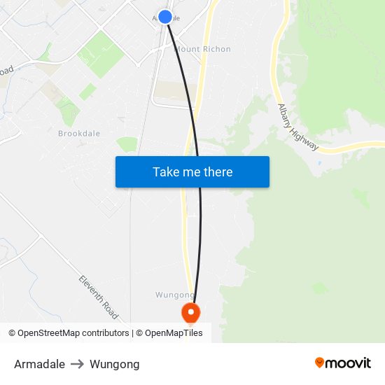 Armadale to Wungong map