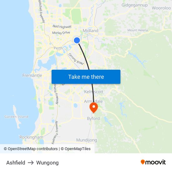 Ashfield to Wungong map