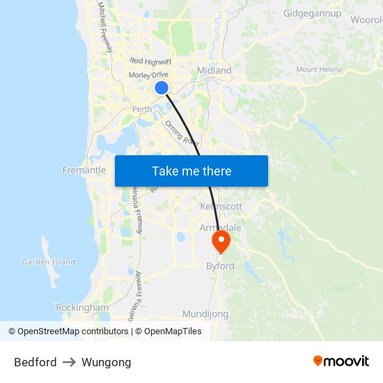 Bedford to Wungong map