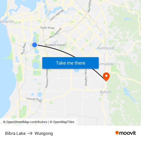 Bibra Lake to Wungong map