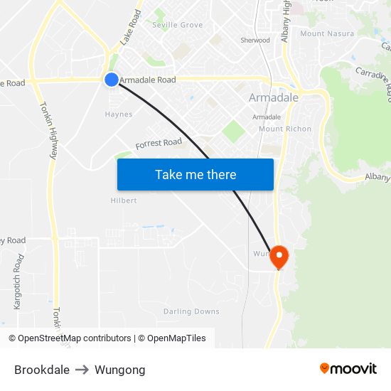 Brookdale to Wungong map