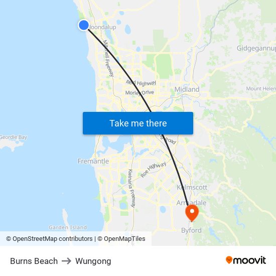 Burns Beach to Wungong map