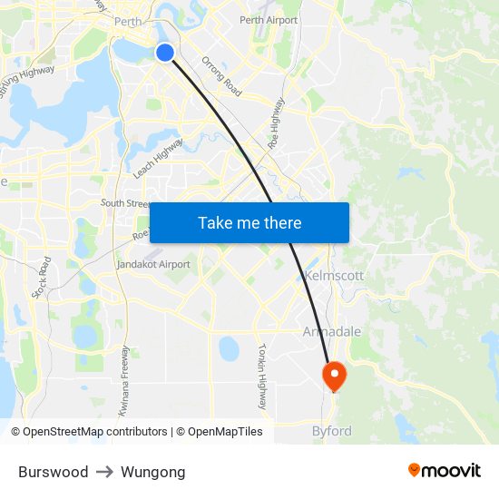 Burswood to Wungong map