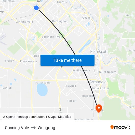 Canning Vale to Wungong map
