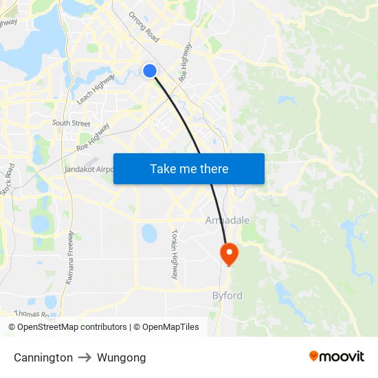 Cannington to Wungong map