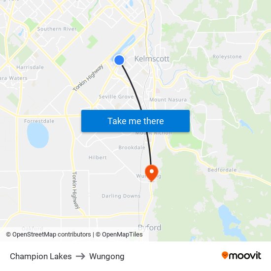 Champion Lakes to Wungong map