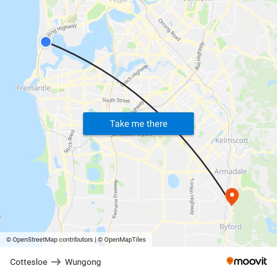 Cottesloe to Wungong map