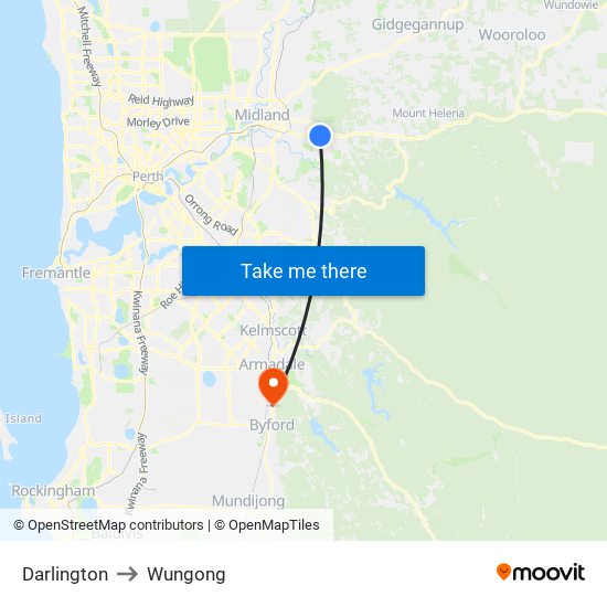Darlington to Wungong map