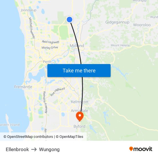 Ellenbrook to Wungong map