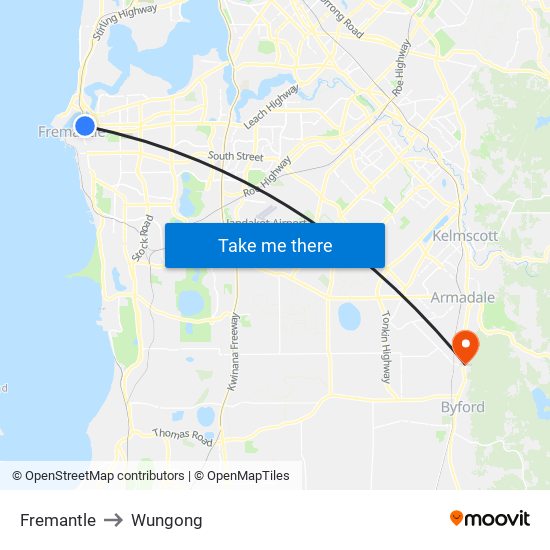 Fremantle to Wungong map