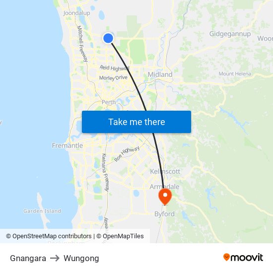 Gnangara to Wungong map