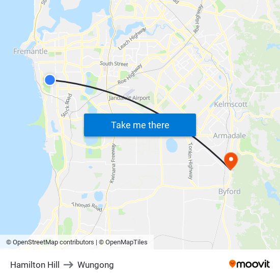 Hamilton Hill to Wungong map