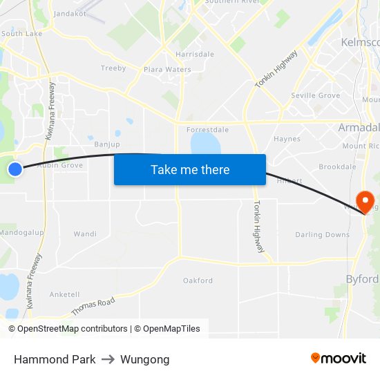 Hammond Park to Wungong map