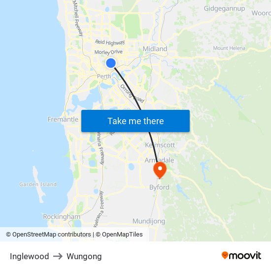 Inglewood to Wungong map